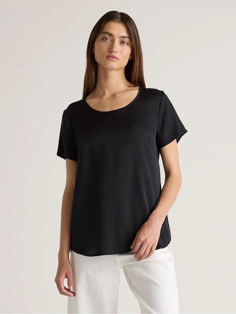 Quince Washable Stretch Silk Tee Top Black